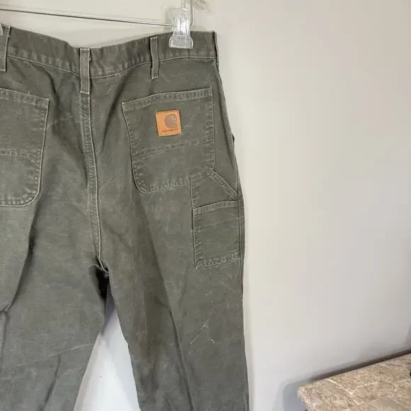 VTG Carhartt Pants Mens 37X33 Moss Green Carpenter Dungaree Canvas Duck B11 MOS
